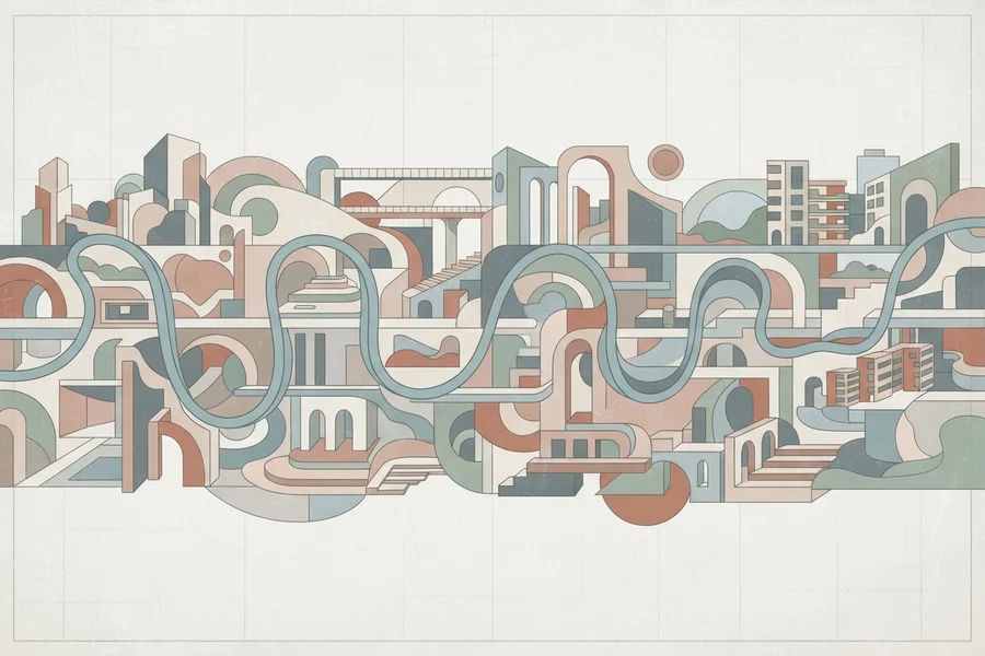 Una ilustración geométrica de edificios y arcos conectados por un camino sinuoso, en tonos tierra.