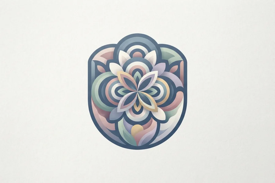 A shield-shaped emblem framing a layered flower design in muted pastel blue, green, and mauve tones.