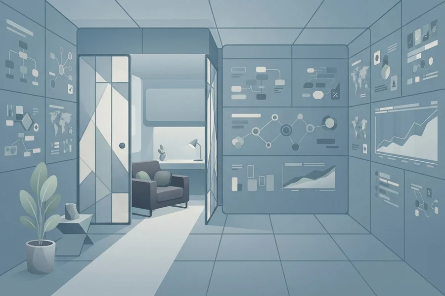 Sala azul grisácea cubierta de diagramas abstractos, con una puerta abierta hacia un pequeño rincón privado con sillón y lámpara de escritorio.