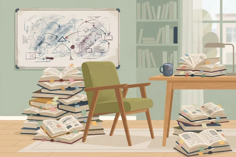 Una habitación con una pizarra llena de esquemas y flechas, y una butaca rodeada de pilas de libros abiertos con marcadores de colores.