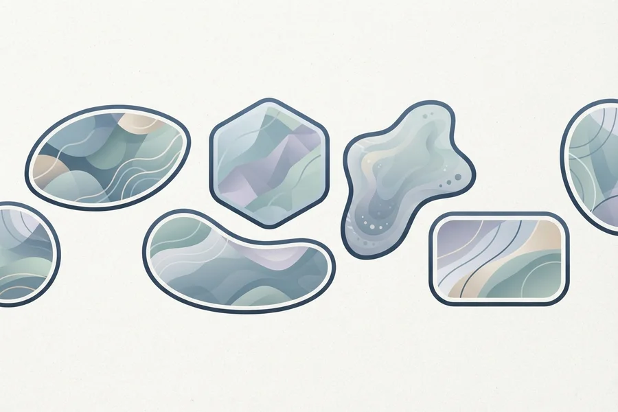 A cluster of rounded sticker-like shapes filled with abstract wavy patterns in cool blue, green, and lavender tones.