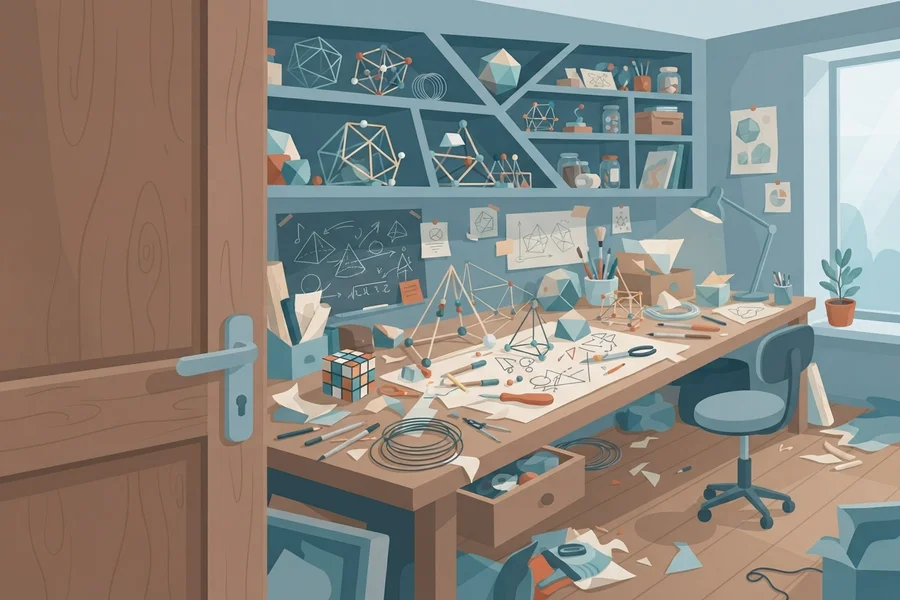Estudio azul con la puerta de madera abierta, un escritorio cubierto de figuras geométricas y una pizarra con diagramas, con papeles repartidos por el suelo.