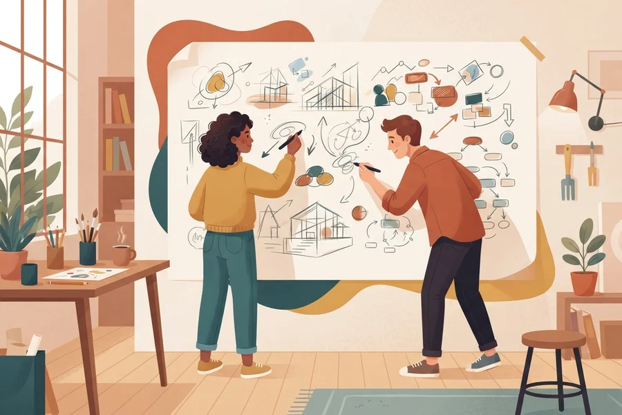 Dos personas dibujan juntas un mapa de ideas en una pizarra grande.