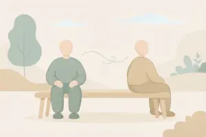 Two people sitting at opposite ends of a park bench, one facing forward and one turned away, a thin looping line connecting them.