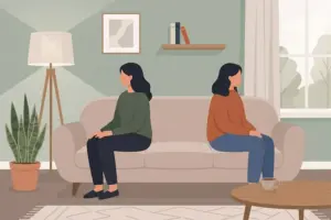 Two sisters sitting at opposite ends of the same couch, not looking at each other