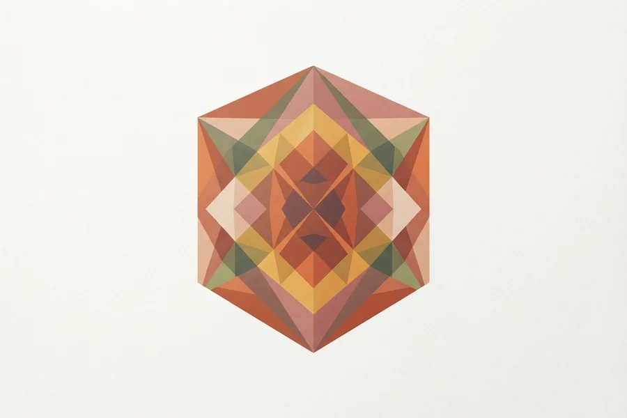 A faceted hexagonal gem pattern in warm terracotta, gold, and olive tones.
