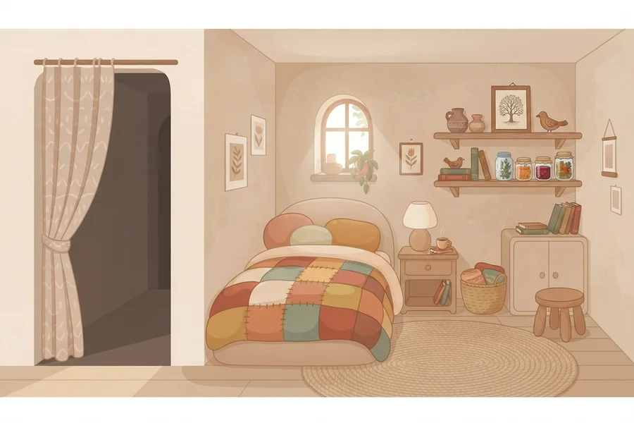 Dormitorio acogedor con una cama de colcha de retazos, estanterías con tarros de conserva y figuras de pájaros, y una cortina a modo de puerta.