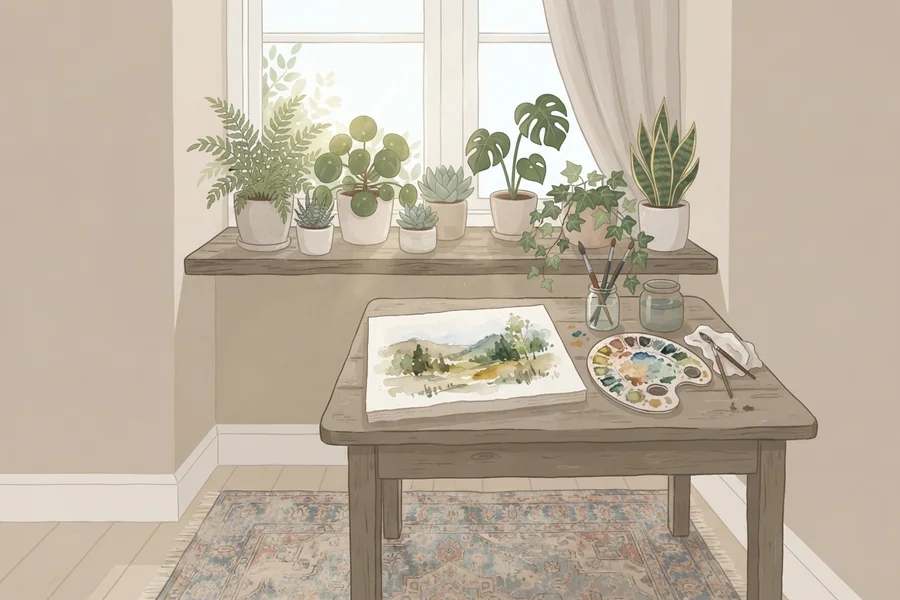 Una mesa junto a la ventana con una acuarela de paisaje a medio pintar, una paleta de colores y una repisa llena de plantas.