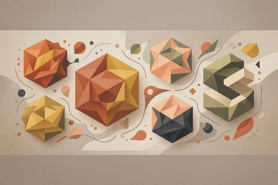 A cluster of faceted, gem-like shapes in warm orange, gold, and olive tones with small decorative doodles around them.