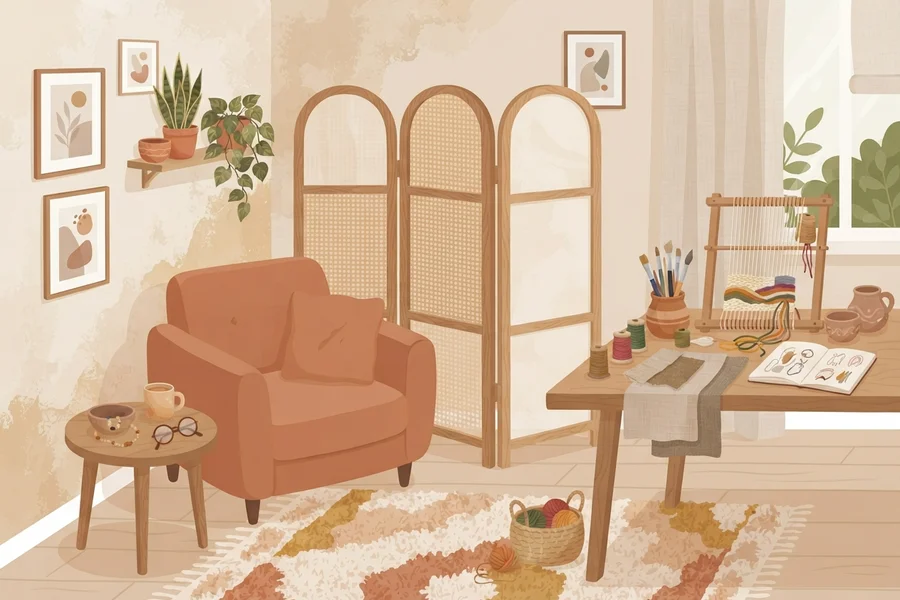 Rincón acogedor con sillón terracota, un biombo de rejilla y una mesa de manualidades con ovillos de lana, cerámica y un telar.