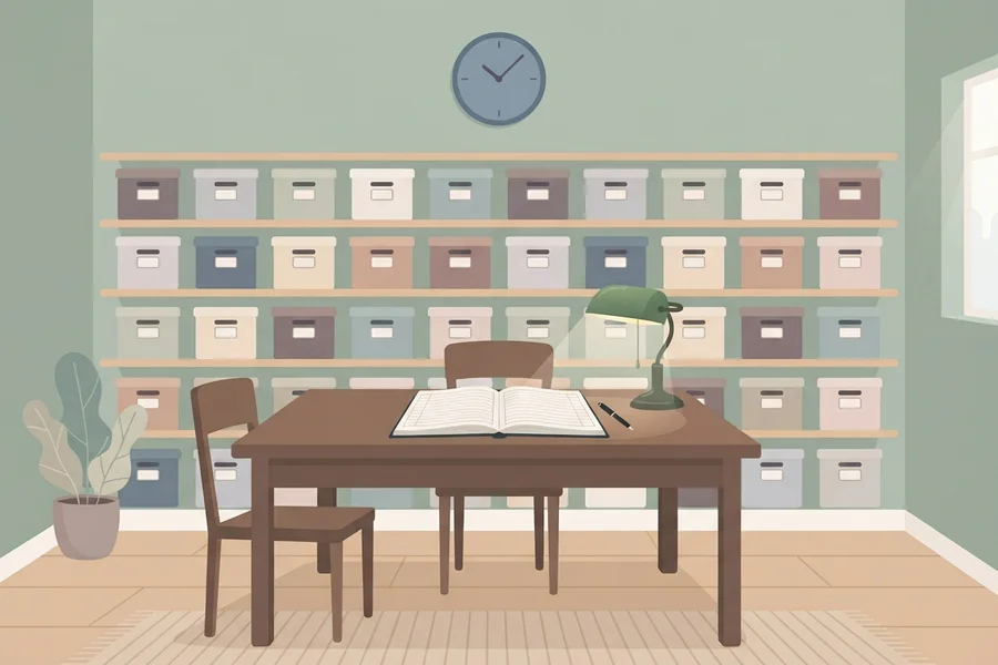 Una sala de archivo con estanterías llenas de cajas etiquetadas, una mesa con un libro de registro abierto y un flexo verde.