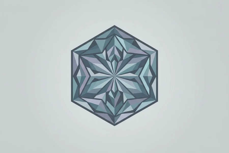 A symmetrical faceted crystal shaped like a hexagon, in cool blue-grey and mauve tones.