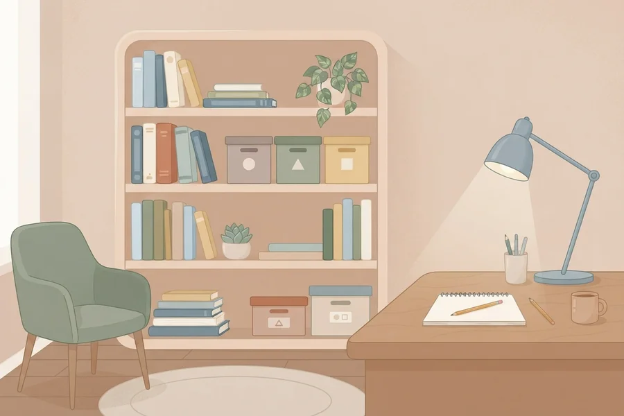 Книжный шкаф с аккуратно расставленными книгами и письменный стол с лампой в тихой комнате.