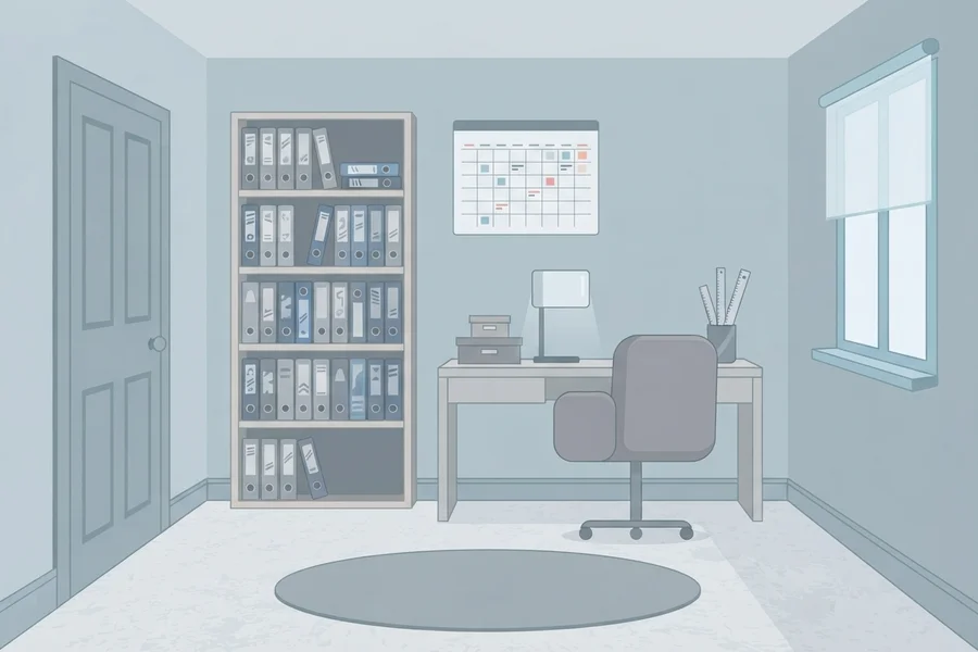 Oficina pequeña en tonos grises azulados con una puerta cerrada, una estantería de carpetas ordenadas y un escritorio con calendario en la pared.