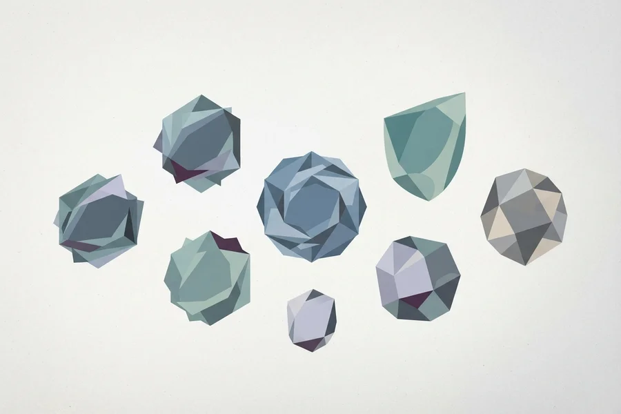 A scattered cluster of faceted, gem-like polyhedral shapes in cool blue-green and grey tones.