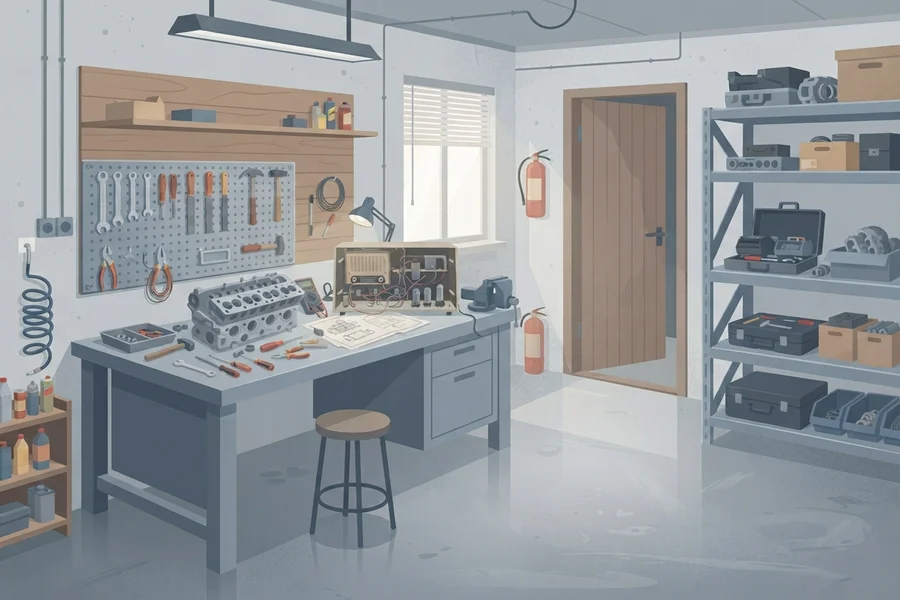 Taller gris con un taburete junto a un banco de trabajo con piezas de motor y herramientas, y un panel de herramientas ordenado en la pared.