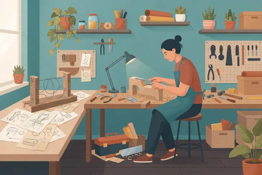 Una persona trabaja a mano con madera, rodeada de herramientas y bocetos.