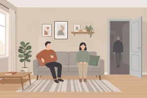 Illustration of a couple sitting on a couch while a shadowy figure walks through an open door behind them, representing the jealousy test.