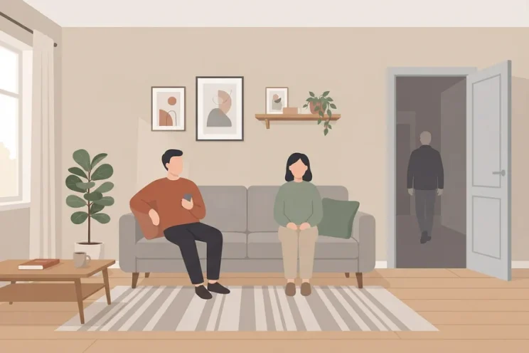 Illustration of a couple sitting on a couch while a shadowy figure walks through an open door behind them, representing the jealousy test.