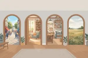 A room with four archways, each opening onto a different scene: a busy street with cafe tables, a sunlit reading corner, a workshop hung with tools, and an open meadow.