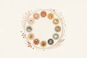 A ring of twelve small icons — a crown, masks, a dove, and more — arranged in a circle, representing twelve character archetypes.