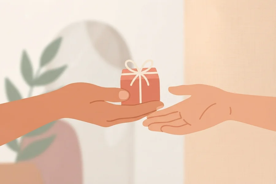 Dos manos intercambiando un pequeño regalo envuelto.
