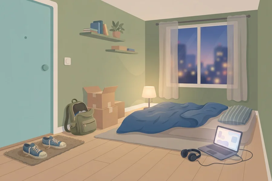 Ilustración de un dormitorio de noche con cajas de mudanza a medio abrir, una mochila y unas zapatillas junto a la puerta, y un portátil con auriculares en el suelo junto a la cama, con las luces de la ciudad de fondo por la ventana.