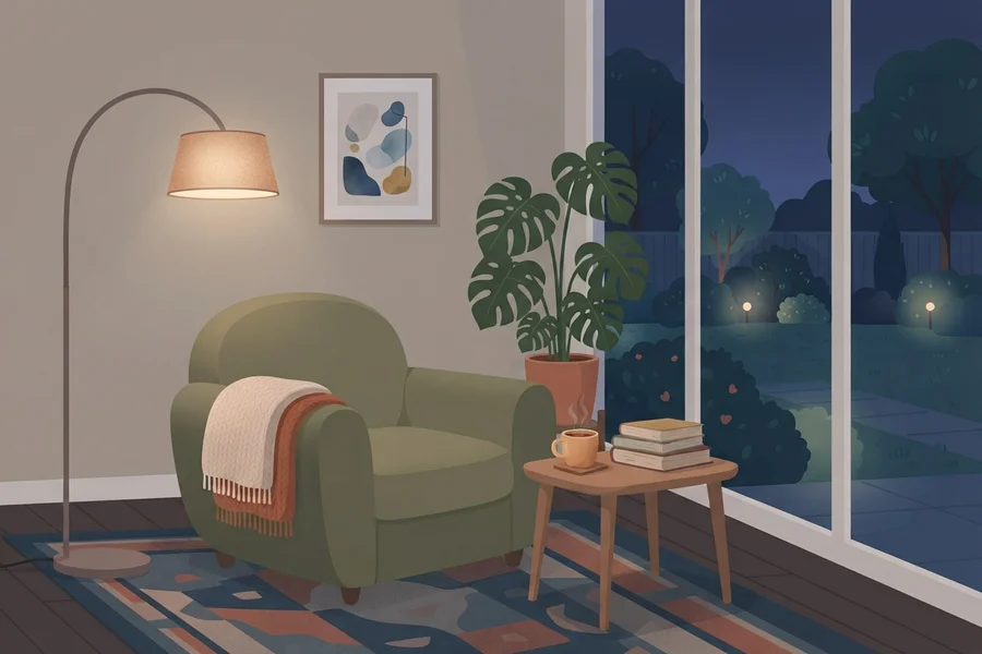 Ilustración de un salón en penumbra por la noche, con un sillón y una manta, una lámpara de pie encendida, una planta grande junto a la ventana y una mesita con una taza de café y una pila de libros, con un jardín iluminado con luces al fondo.