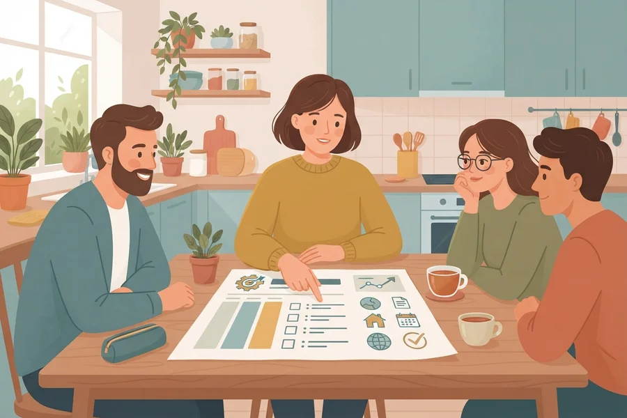 A person at a kitchen table pointing to a printed chart while others listen.