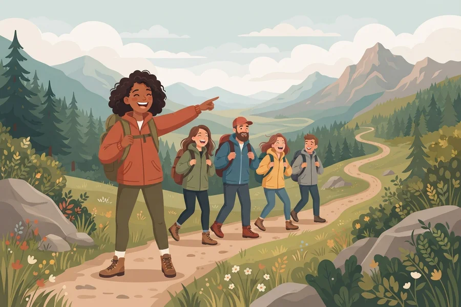 A smiling woman leading a group of hikers along a trail, pointing ahead.