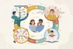 Illustration representing four learning style channels: hands-on, auditory, reading and writing, and visual