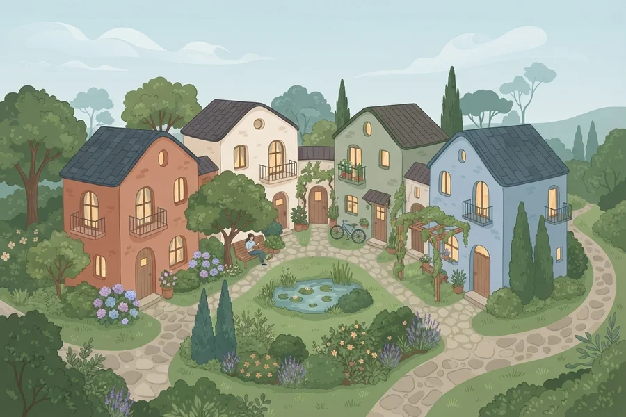 An illustration of a small cluster of colorful cottage-style buildings around a courtyard with a pond and a bench.