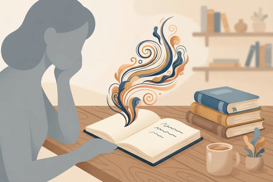 Mujer sentada a una mesa, escribiendo en un cuaderno del que surgen trazos de color, junto a una pila de libros y una taza.