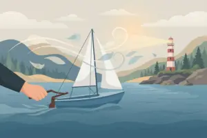 A hand steering a small sailboat toward a distant lighthouse.