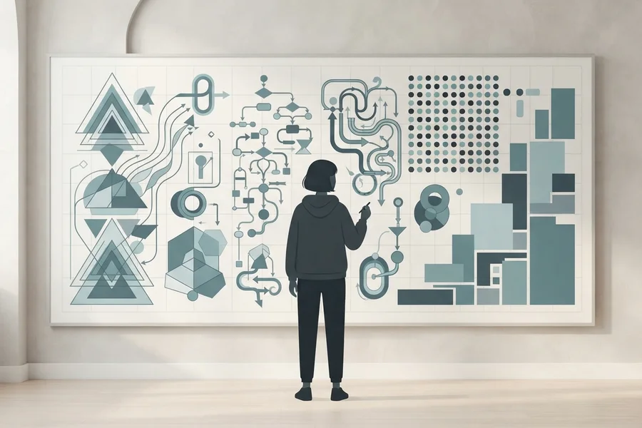 Persona de pie frente a un gran panel cubierto de figuras geométricas, diagramas de flujo y gráficos de barras.
