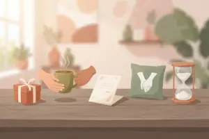 Five illustrated objects on a table — a wrapped gift, a warm mug held by two hands, a handwritten note, an embroidered pillow with clasped hands, and an hourglass.