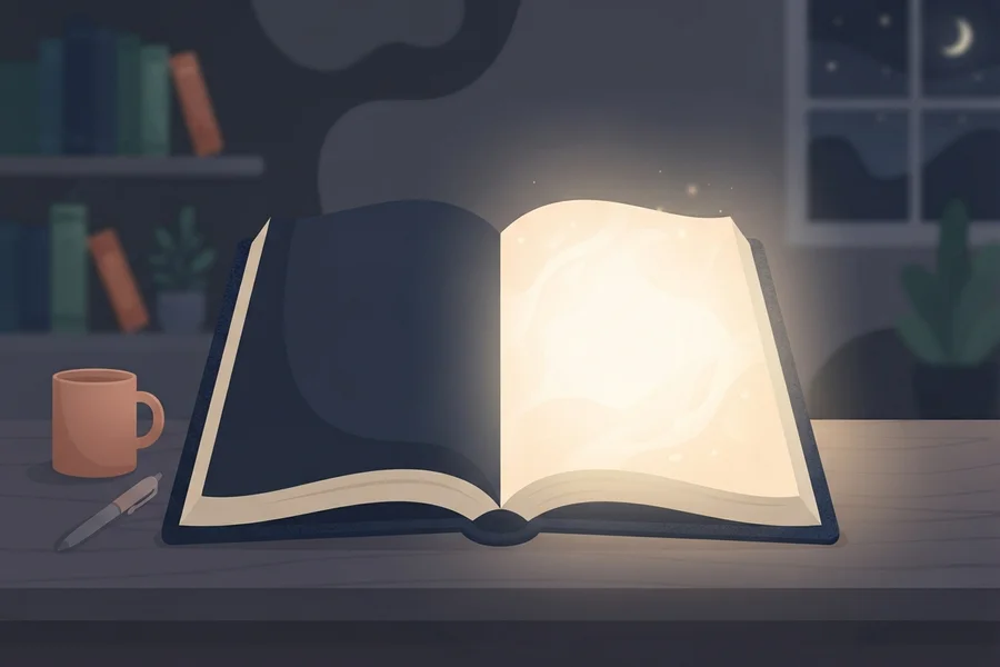 Libro abierto que emite luz propia sobre un escritorio, de noche.