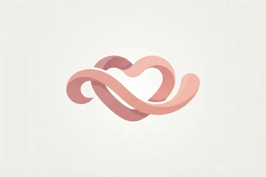 Two curling pink ribbon shapes twisted together into the outline of a heart.