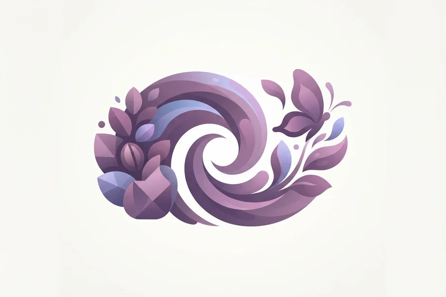 A swirling purple spiral surrounded by leaves and a small butterfly.