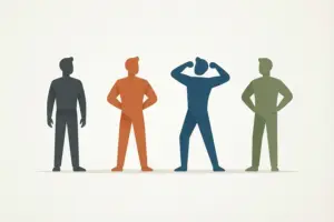 Four silhouetted men in different colors and stances, standing side by side.