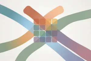 Four crossing colored ribbons behind a four-by-four grid of small colored squares.