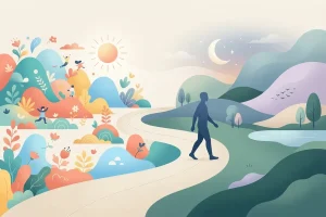 A winding path leading from a colorful hillside with playing figures and a bright sun toward calm green hills, a crescent moon, and stars, with a silhouetted figure walking along the path