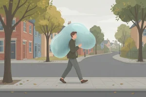 Illustration of a person walking down a street while carrying a large, translucent bubble-shaped weight on their back.