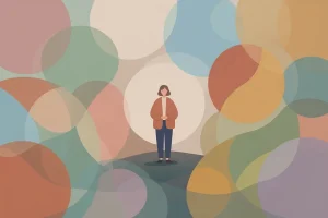 Illustration of a person standing calmly amid overlapping translucent circles in muted colors.