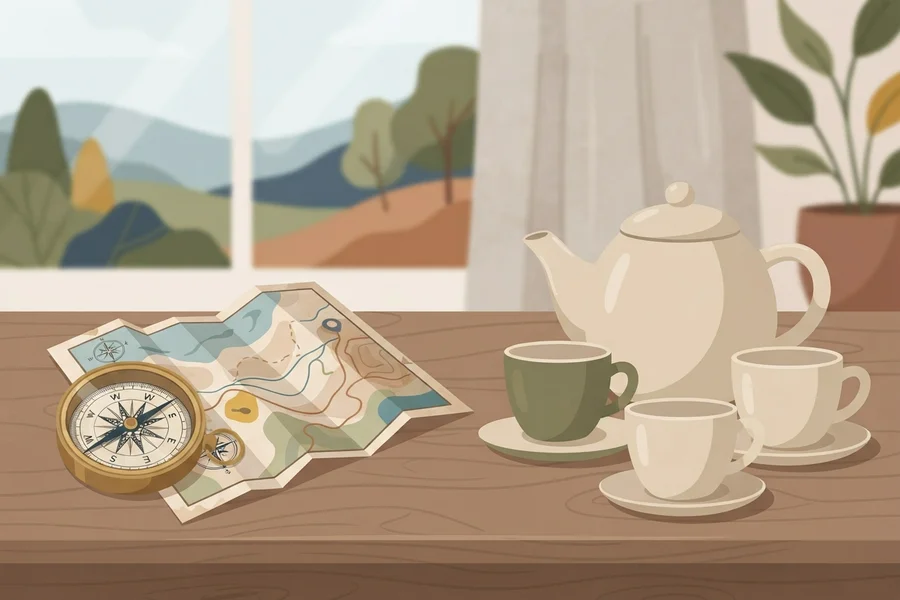 A compass, a folded map, and three different mismatched teacups on a table by a window.