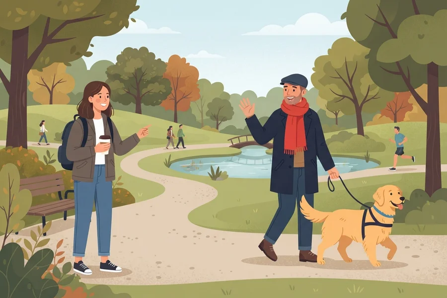 Two people waving and greeting each other on a park path, with a dog on a leash nearby.