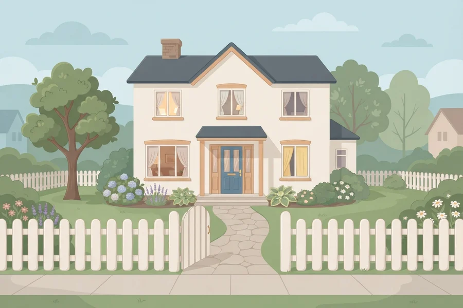 Ilustración de una casa blanca de dos plantas con una cerca baja de madera y la cancela de entrada abierta, imagen del resultado de señales de paranoia leves.