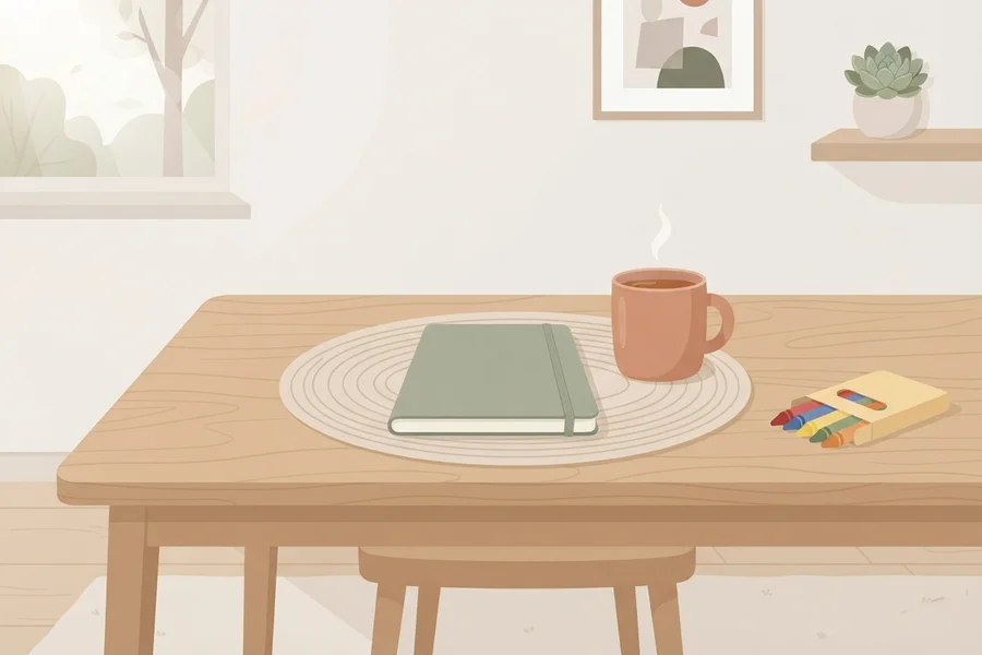 A plain closed notebook and a cup of coffee sitting on an empty wooden table.