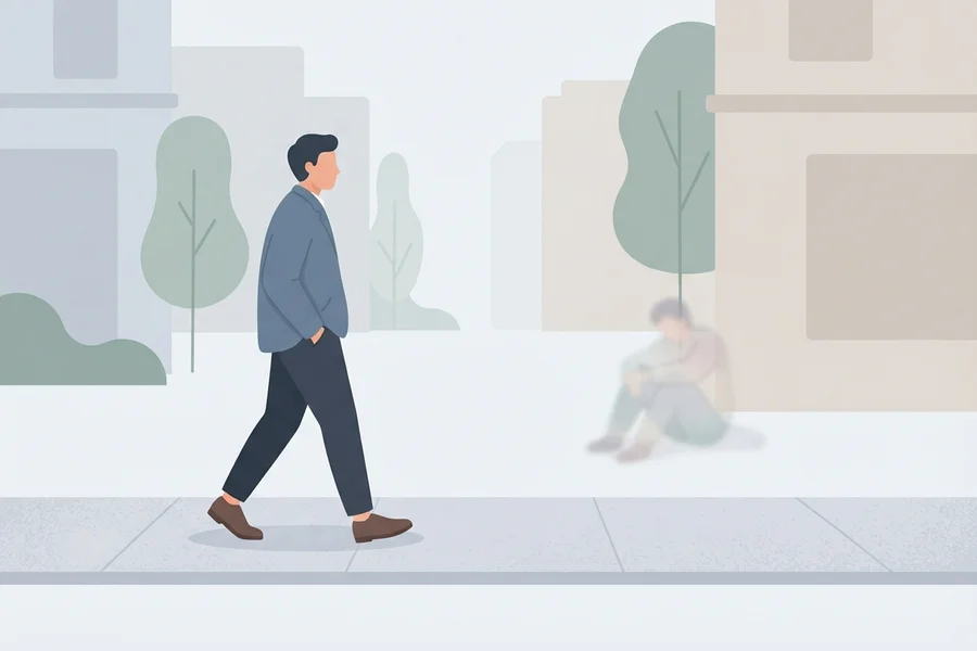 A man walking along a sidewalk past someone sitting alone against a wall, not stopping