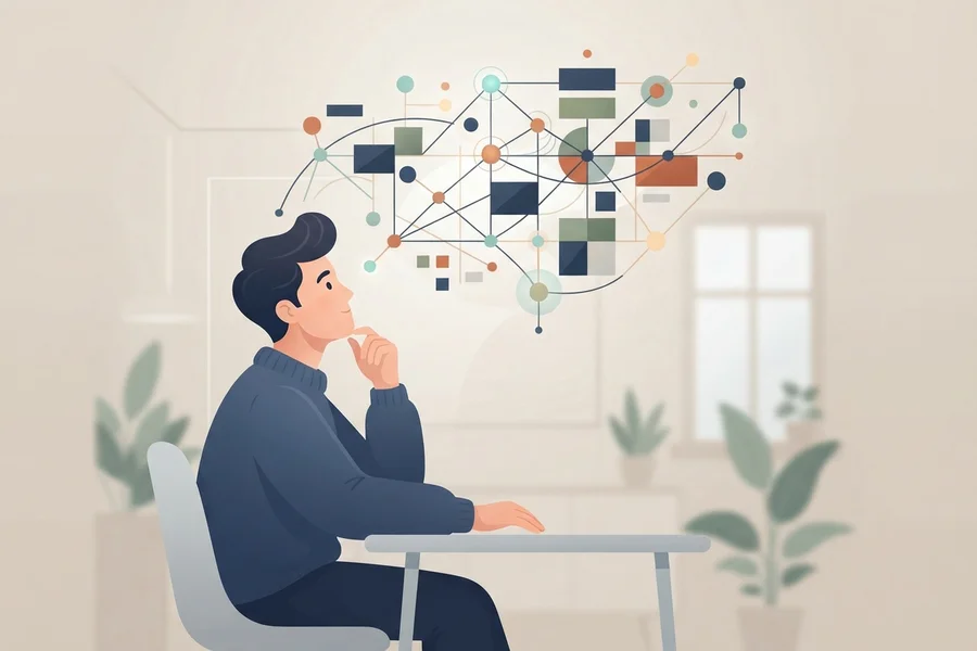 A man sitting at a desk, looking up thoughtfully at an abstract diagram of shapes connected by lines.